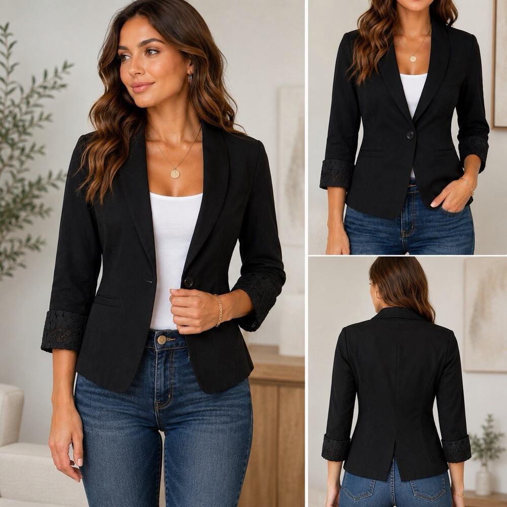 Black Linen Blend Blazer Tailored Career Office Chic Jacket Womens XS Lace Cuff